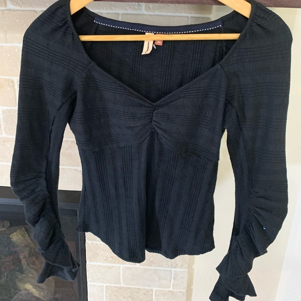 Anthropologie Pilcro Blouse Shirt Womens‎ Xs Petite Blue Ribbed Ruched Sleeve